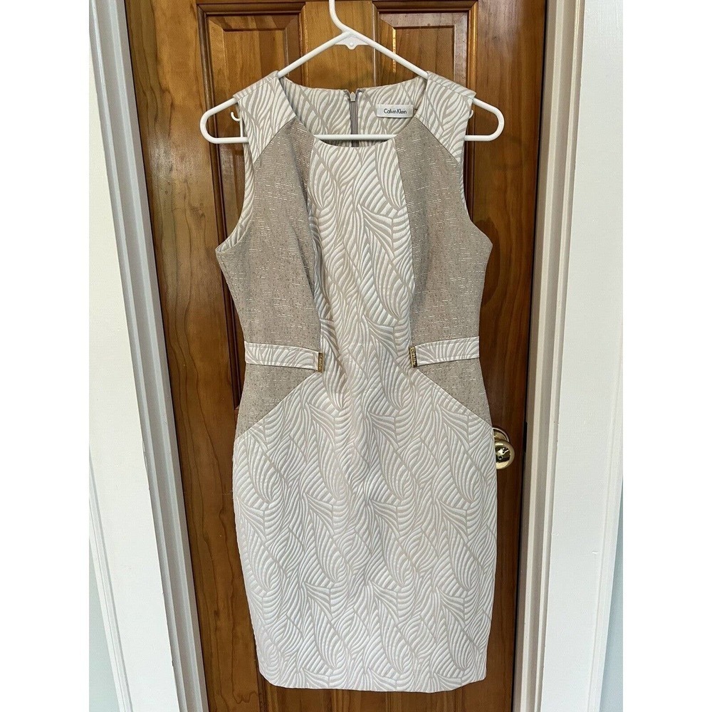 CALVIN KLEIN Size 8 Beige Mixed Media Animal Print Sheath Above Knee